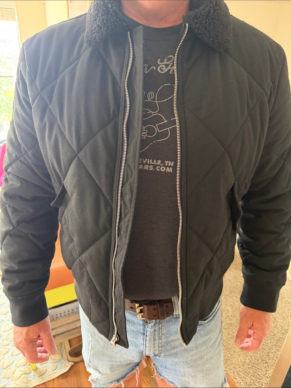 Express Men's Black Quilted Bomber Jacket with Sherpa Collar